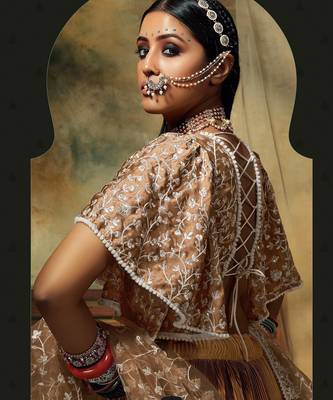 Beige Embroidered & Sequins Satin Semi Stitched Lehenga Set 2