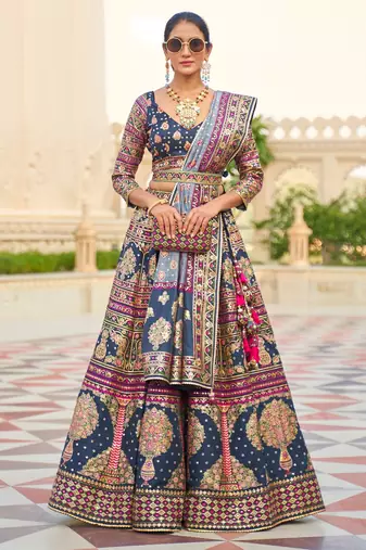 Teal Blue Print Sequins Sparkle & Mirror Silk Blend Semi Stitched Lehenga Set