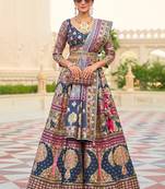 Teal Blue Print Sequins Sparkle & Mirror Silk Blend Semi Stitched Lehenga Set