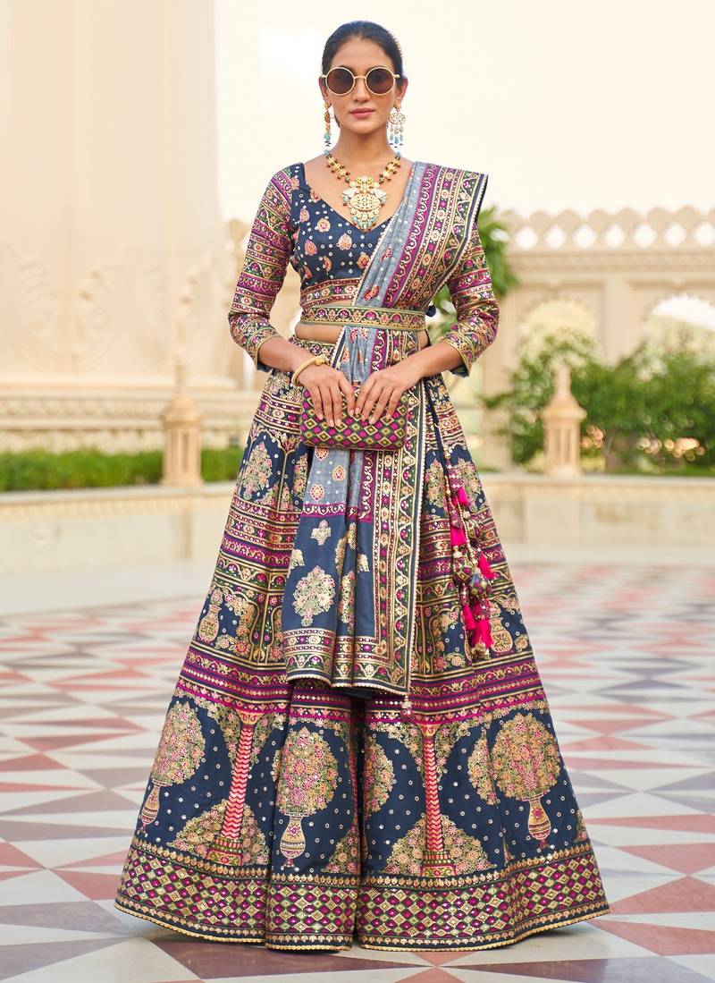 Teal Blue Print Sequins Sparkle & Mirror Silk Blend Semi Stitched Lehenga Set