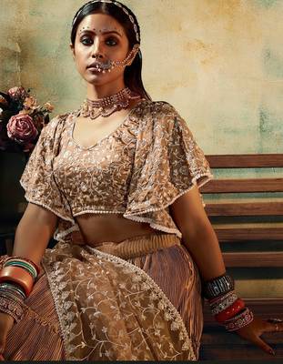 Beige Embroidered & Sequins Satin Semi Stitched Lehenga Set 3