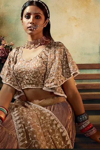 Beige Embroidered & Sequins Satin Semi Stitched Lehenga Set
