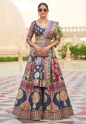 Teal Blue Print Sequins Sparkle & Mirror Silk Blend Semi Stitched Lehenga Set 2