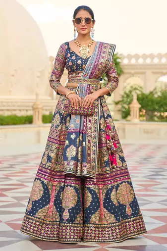 Teal Blue Print Sequins Sparkle & Mirror Silk Blend Semi Stitched Lehenga Set