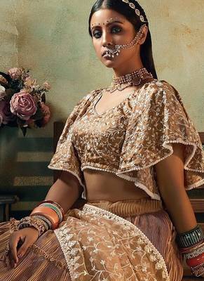 Beige Embroidered & Sequins Satin Semi Stitched Lehenga Set 4