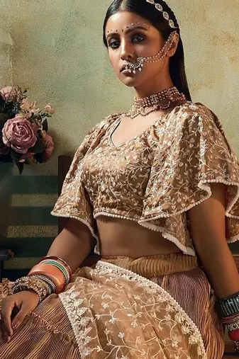 Beige Embroidered & Sequins Satin Semi Stitched Lehenga Set