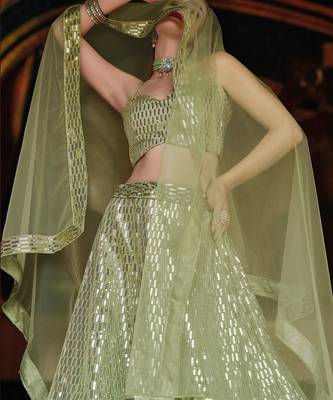 Olive Green Embroidered & Sequins Net Semi Stitched Lehenga Set 2