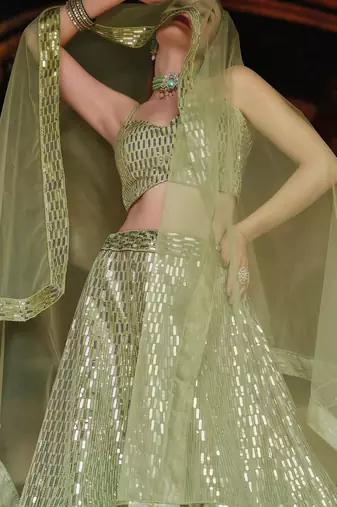 Olive Green Embroidered & Sequins Net Semi Stitched Lehenga Set