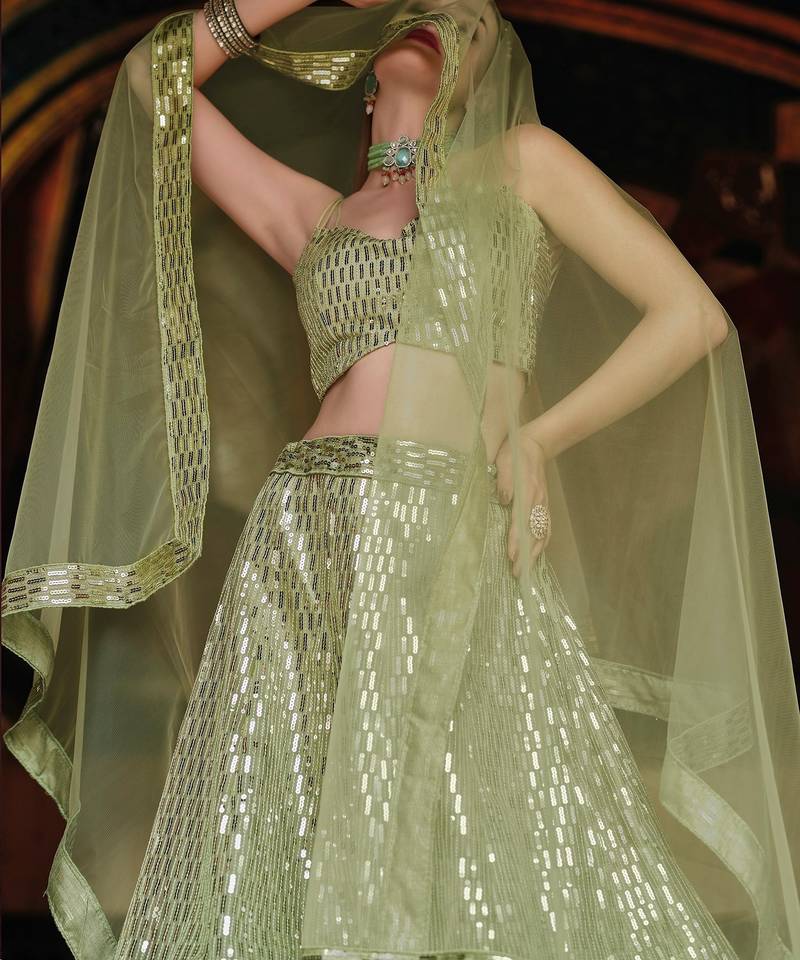Olive Green Embroidered & Sequins Net Semi Stitched Lehenga Set
