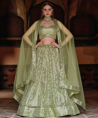 Olive Green Embroidered & Sequins Net Semi Stitched Lehenga Set 1