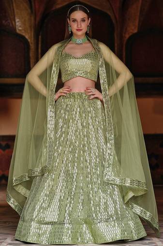 Olive Green Embroidered & Sequins Net Semi Stitched Lehenga Set