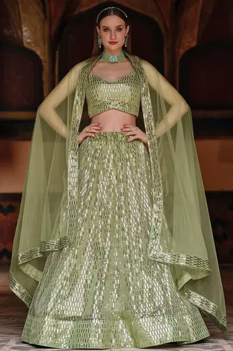Olive Green Embroidered & Sequins Net Semi Stitched Lehenga Set