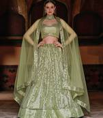 Olive Green Embroidered & Sequins Net Semi Stitched Lehenga Set
