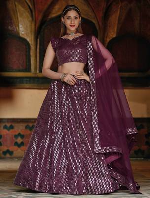 Purple Embroidered & Sequins Net Semi Stitched Lehenga Set 1