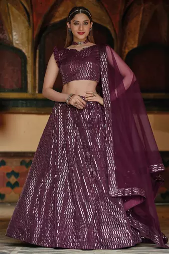 Purple Embroidered & Sequins Net Semi Stitched Lehenga Set