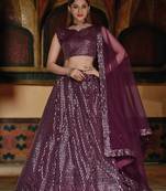 Purple Embroidered & Sequins Net Semi Stitched Lehenga Set