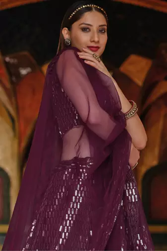 Purple Embroidered & Sequins Net Semi Stitched Lehenga Set