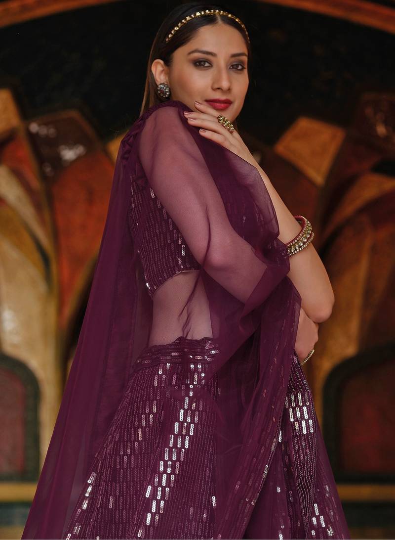Purple Embroidered & Sequins Net Semi Stitched Lehenga Set