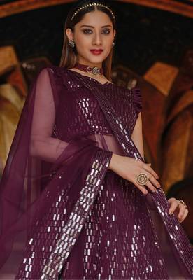 Purple Embroidered & Sequins Net Semi Stitched Lehenga Set 3