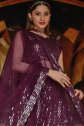 Purple Embroidered & Sequins Net Semi Stitched Lehenga Set