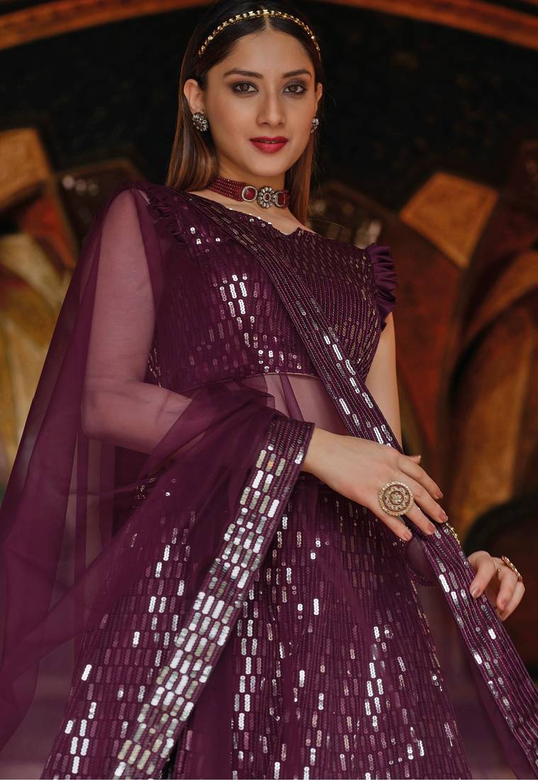 Purple Embroidered & Sequins Net Semi Stitched Lehenga Set