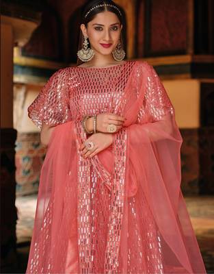 Peach Embroidered & Sequins Net Semi Stitched Lehenga Set 1