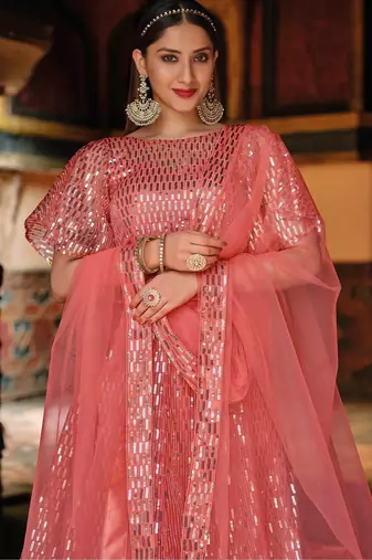 Peach Embroidered & Sequins Net Semi Stitched Lehenga Set