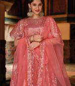 Peach Embroidered & Sequins Net Semi Stitched Lehenga Set