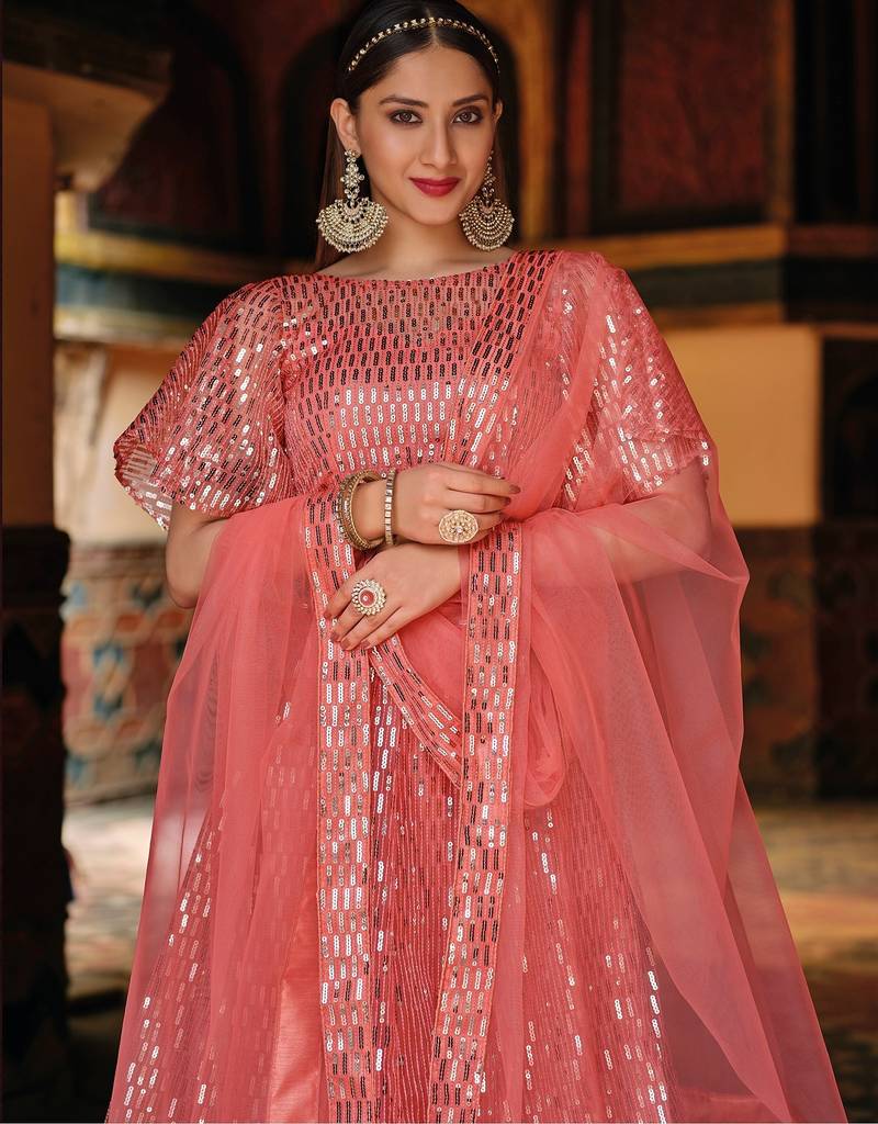 Peach Embroidered & Sequins Net Semi Stitched Lehenga Set