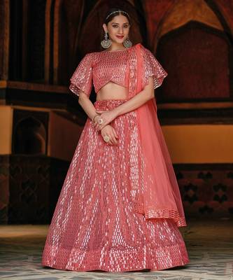 Peach Embroidered & Sequins Net Semi Stitched Lehenga Set 2