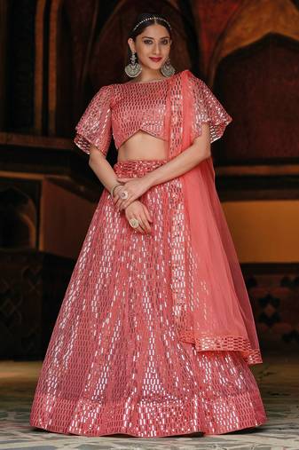 Peach Embroidered & Sequins Net Semi Stitched Lehenga Set