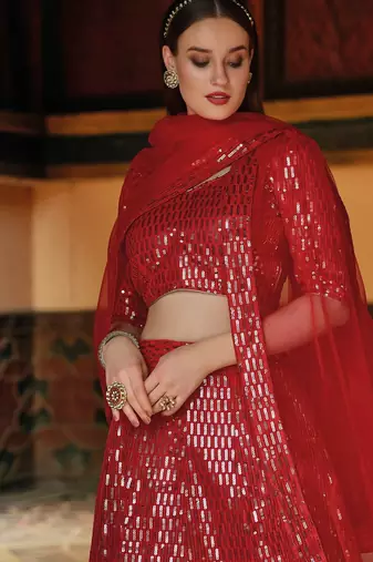 Red Embroidered & Sequins Net Semi Stitched Lehenga Set