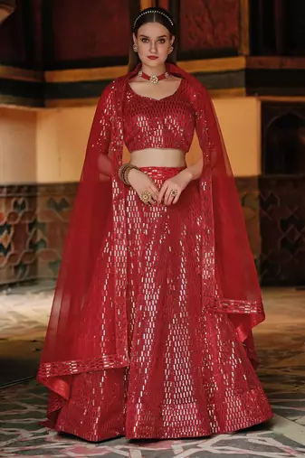 Red Embroidered & Sequins Net Semi Stitched Lehenga Set