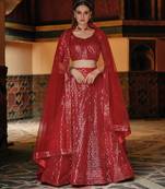 Red Embroidered & Sequins Net Semi Stitched Lehenga Set