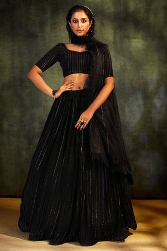 Blue Sequins Georgette Semi Stitched Lehenga Set