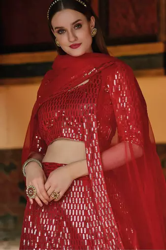 Red Embroidered & Sequins Net Semi Stitched Lehenga Set