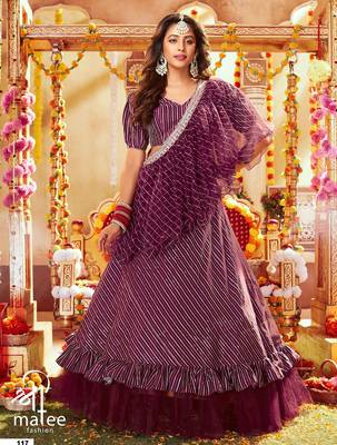 Wine Embroidered & Sequins Satin Semi Stitched Lehenga Set 1