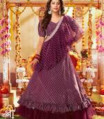 Wine Embroidered & Sequins Satin Semi Stitched Lehenga Set