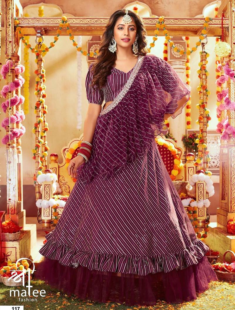 Wine Embroidered & Sequins Satin Semi Stitched Lehenga Set