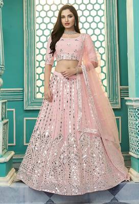 Pink Embroidery & Gotta Pati Georgette Semi Stitched Lehenga Set 1