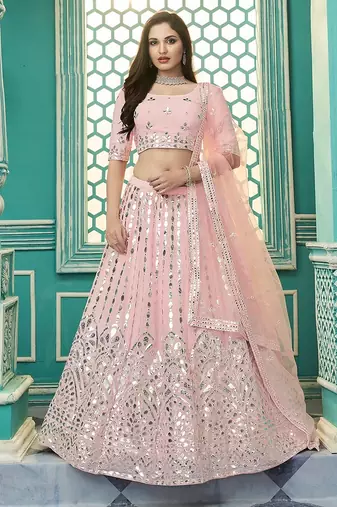 Pink Embroidery & Gotta Pati Georgette Semi Stitched Lehenga Set
