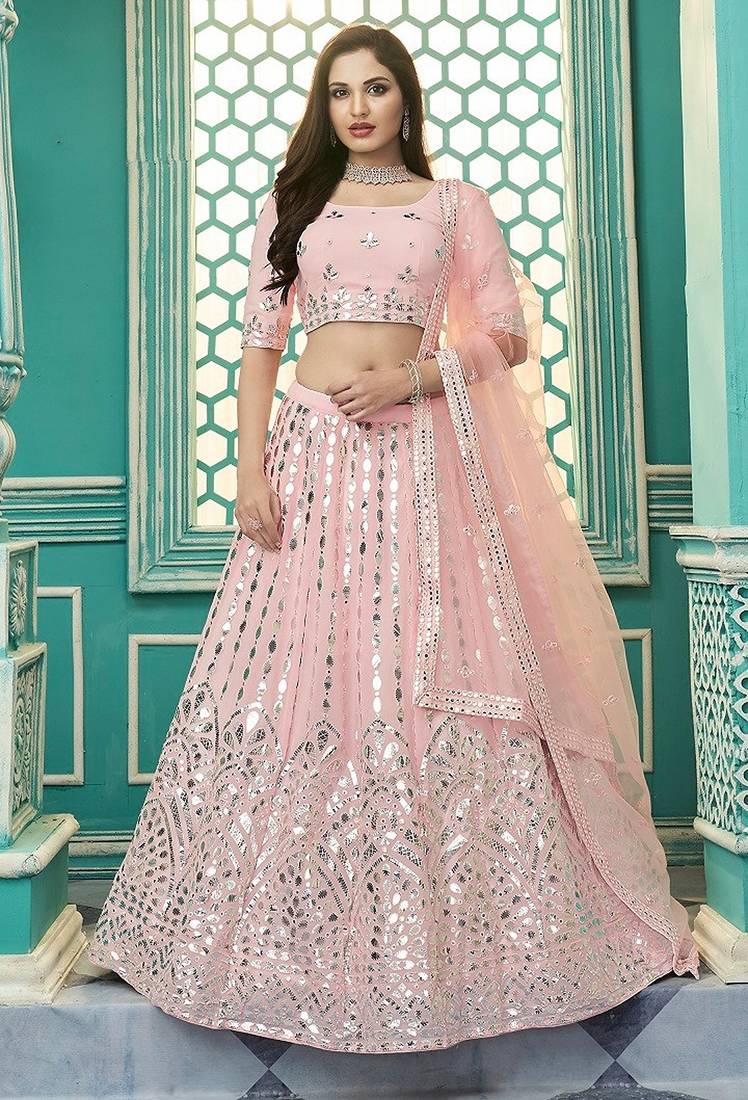 Pink Embroidery & Gotta Pati Georgette Semi Stitched Lehenga Set