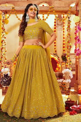 Mustard Embroidered & Sequins Georgette Semi Stitched Lehenga Set