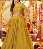 Mustard Embroidered & Sequins Georgette Semi Stitched Lehenga Set