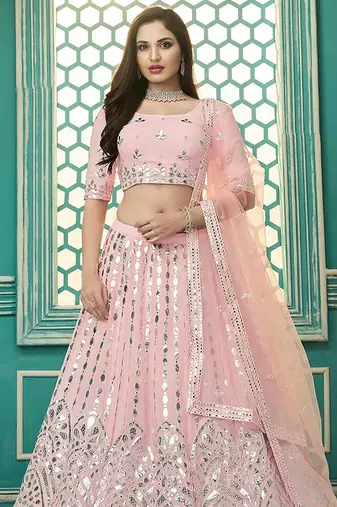 Pink Embroidery & Gotta Pati Georgette Semi Stitched Lehenga Set