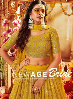 Mustard Embroidered & Sequins Georgette Semi Stitched Lehenga Set 2
