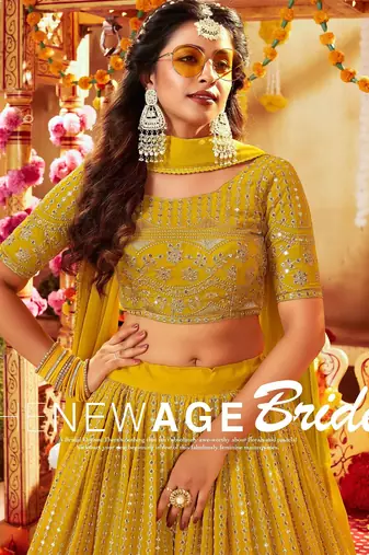 Mustard Embroidered & Sequins Georgette Semi Stitched Lehenga Set