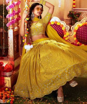 Mustard Embroidered & Sequins Georgette Semi Stitched Lehenga Set 3