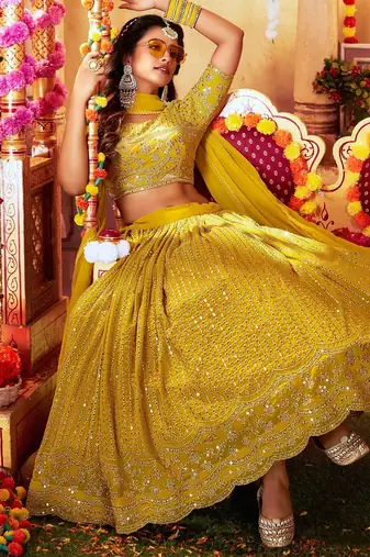 Mustard Embroidered & Sequins Georgette Semi Stitched Lehenga Set