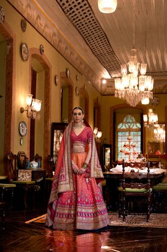 Multi Mirror Silk Blend Semi Stitched Lehenga Set